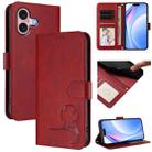 For iPhone 16 Litter Panda Embossing RFID Leather Phone Case with Lanyard(Wine Red) - 1