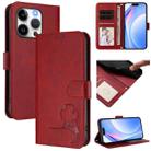 For iPhone 15 Pro Litter Panda Embossing RFID Leather Phone Case with Lanyard(Wine Red) - 1