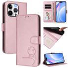 For iPhone 13 Pro Litter Panda Embossing RFID Leather Phone Case with Lanyard(Pink) - 1