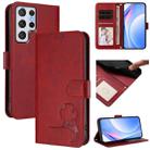 For Samsung Galaxy S22 Ultra 5G Litter Panda Embossing RFID Leather Phone Case with Lanyard(Wine Red) - 1