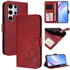 For Samsung Galaxy S25 Ultra 5G Litter Panda Embossing RFID Leather Phone Case with Lanyard(Wine Red) - 1