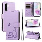 For Samsung Galaxy A56 5G Adorable Cat Embossed Pattern Flip Leather Phone Case(Purple) - 1