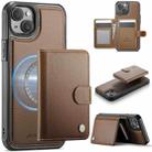 For iPhone 15 Plus / 14 Plus JEEHOOD J09 Buckle Card Bag MagSafe Magnetic Style RFID Leather Phone Case(Brown) - 1