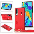 For Huawei P30 Wrist Strap PU+TPU Shockproof Protective Case with Crossbody Lanyard & Holder & Card Slot(Red) - 1