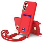 For Samsung Galaxy A14 4G / 5G Integrated Card Bag Solid Color Liquid Silicone Phone Case Gen2 with Short Lanyard(Red) - 1