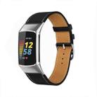 For Fitbit Charge 6 / 5 Cowhide Leather Watch Band(Black White Line) - 1