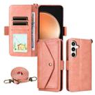 For Samsung Galaxy S25 FE 5G Multi-card Slots Crossbody Cowhide Leather Phone Case(Pink) - 1