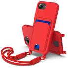 For iPhone 16e Integrated Card Bag Solid Color Liquid Silicone Phone Case Gen2 with Short Lanyard(Red) - 1