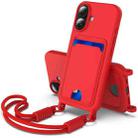 For iPhone 16 Integrated Card Bag Solid Color Liquid Silicone Phone Case Gen2 with Short Lanyard(Red) - 1