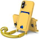 For iPhone 16 Integrated Card Bag Solid Color Liquid Silicone Phone Case Gen2 with Short Lanyard(Yellow) - 1