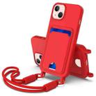 For iPhone 15 Plus / 14 Plus Integrated Card Bag Solid Color Liquid Silicone Phone Case Gen2 with Short Lanyard(Red) - 1