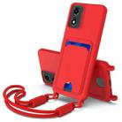 For Motorola Moto G04 / G04s / E14 Integrated Card Bag Solid Color Liquid Silicone Phone Case Gen2 with Short Lanyard(Red) - 1