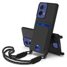 For Motorola Moto G85 / S50 Neo Integrated Card Bag Solid Color Liquid Silicone Phone Case Gen2 with Short Lanyard(Black) - 1