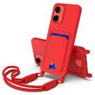 For Motorola Moto G35 5G Integrated Card Bag Solid Color Liquid Silicone Phone Case Gen2 with Short Lanyard(Red) - 1