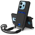 For Redmi Note 14 4G 163.25mm Integrated Card Bag Solid Color Liquid Silicone Phone Case Gen2 with Short Lanyard(Black) - 1