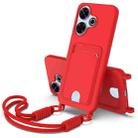 For Redmi 13 4G / 13 5G / Note 13R 5G Integrated Card Bag Solid Color Liquid Silicone Phone Case Gen2 with Short Lanyard(Red) - 1