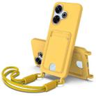 For Redmi 13 4G / 13 5G / Note 13R 5G Integrated Card Bag Solid Color Liquid Silicone Phone Case Gen2 with Short Lanyard(Yellow) - 1
