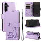 For Samsung Galaxy S25 FE 5G Adorable Cat Embossed Pattern Flip Leather Phone Case(Purple) - 1