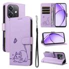 For OPPO A5x 5G Global Adorable Cat Embossed Pattern Flip Leather Phone Case(Purple) - 1
