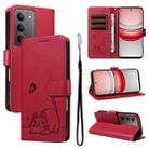 For Realme 14x 5G Global Adorable Cat Embossed Pattern Flip Leather Phone Case(Red) - 1