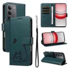 For Realme 14x 5G Global Adorable Cat Embossed Pattern Flip Leather Phone Case(Dark Green) - 1