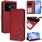 For Realme GT5 240W / GT5 Litter Panda Embossing RFID Leather Phone Case with Lanyard(Wine Red) - 1