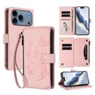 For iPhone 17 Pro Butterfly Love Flower Multi-card Zipper Wallet Leather Phone Case(Pink) - 1