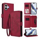 For iPhone 17 Butterfly Love Flower Multi-card Zipper Wallet Leather Phone Case(Wine Red) - 1