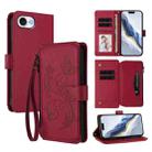 For iPhone 16e Butterfly Love Flower Multi-card Zipper Wallet Leather Phone Case(Wine Red) - 1