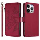 For iPhone 16 Pro Max Butterfly Love Flower Multi-card Zipper Wallet Leather Phone Case(Wine Red) - 2