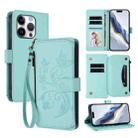 For iPhone 16 Pro Max Butterfly Love Flower Multi-card Zipper Wallet Leather Phone Case(Mint Green) - 1