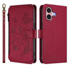 For iPhone 16 Butterfly Love Flower Multi-card Zipper Wallet Leather Phone Case(Wine Red) - 2