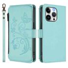 For iPhone 15 Pro Butterfly Love Flower Multi-card Zipper Wallet Leather Phone Case(Mint Green) - 2