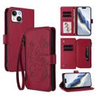 For iPhone 14 Plus Butterfly Love Flower Multi-card Zipper Wallet Leather Phone Case(Wine Red) - 1