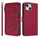 For iPhone 14 Plus Butterfly Love Flower Multi-card Zipper Wallet Leather Phone Case(Wine Red) - 2