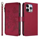 For iPhone 14 Pro Max Butterfly Love Flower Multi-card Zipper Wallet Leather Phone Case(Wine Red) - 2