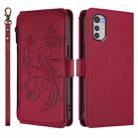 For Motorola Moto E32 4G Global Butterfly Love Flower Multi-card Zipper Wallet Leather Phone Case(Wine Red) - 2