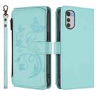 For Motorola Moto E32 4G Global Butterfly Love Flower Multi-card Zipper Wallet Leather Phone Case(Mint Green) - 2