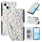 For iPhone 15 Plus / 14 Plus Flower Pattern Buckle Leather Phone Case with Lanyard(Blue Flowers) - 1