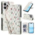 For iPhone 15 Pro Flower Pattern Buckle Leather Phone Case with Lanyard(Pink Flowers) - 1