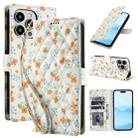 For iPhone 15 Pro Flower Pattern Buckle Leather Phone Case with Lanyard(Orange Flowers) - 1