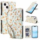 For iPhone 14 / 13 Flower Pattern Buckle Leather Phone Case with Lanyard(Orange Flowers) - 1
