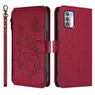 For Nokia G42 / G310 Butterfly Love Flower Multi-card Zipper Wallet Leather Phone Case(Wine Red) - 2