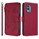 For Nokia X30 5G Butterfly Love Flower Multi-card Zipper Wallet Leather Phone Case(Wine Red) - 2