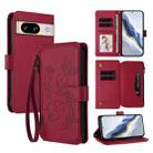 For Google Pixel 8 Butterfly Love Flower Multi-card Zipper Wallet Leather Phone Case(Wine Red) - 1