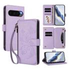 For Google Pixel 10 / 10 Pro / 9 Pro Butterfly Love Flower Multi-card Zipper Wallet Leather Phone Case(Light Purple) - 1
