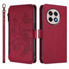 For OnePlus 13R 5G / Ace 5 / 5 Pro Butterfly Love Flower Multi-card Zipper Wallet Leather Phone Case(Wine Red) - 2