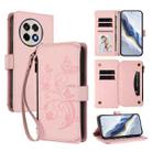 For OnePlus 13R 5G / Ace 5 / 5 Pro Butterfly Love Flower Multi-card Zipper Wallet Leather Phone Case(Pink) - 1
