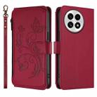 For OnePlus 13 Butterfly Love Flower Multi-card Zipper Wallet Leather Phone Case(Wine Red) - 2