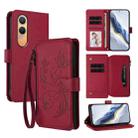 For OnePlus Nord CE4 Lite 5G Butterfly Love Flower Multi-card Zipper Wallet Leather Phone Case(Wine Red) - 1